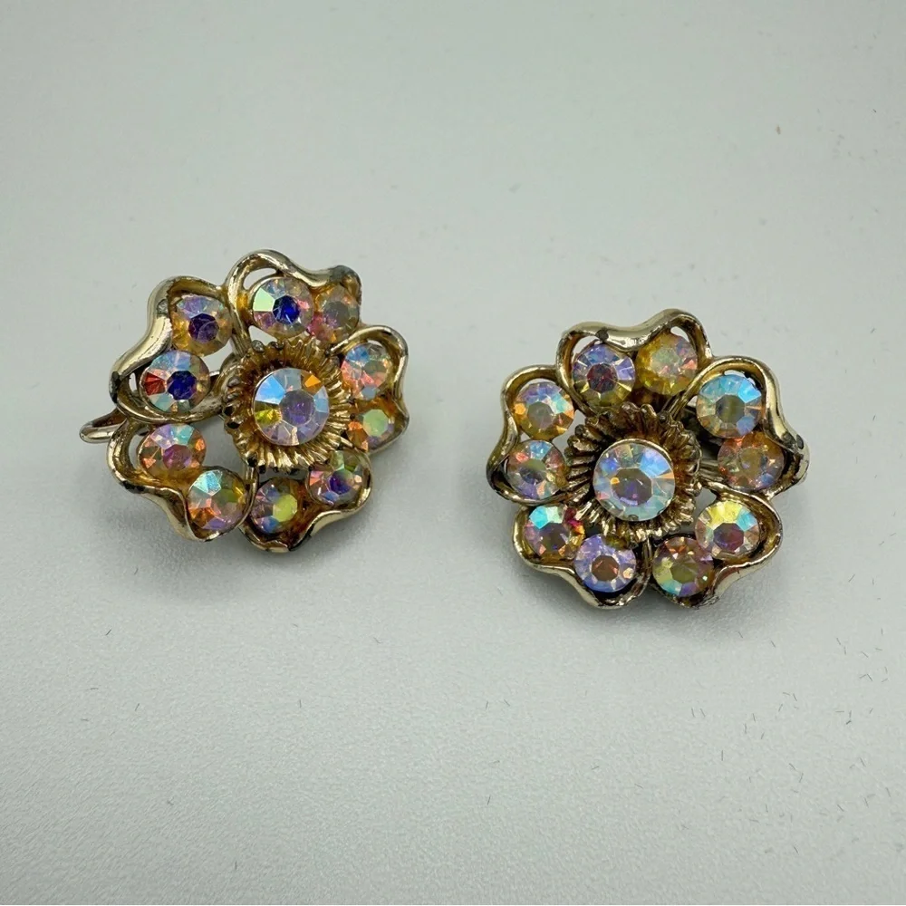Vintage 1950s Coro Signed AB Floral Crystal Rhinestone Clip On Earrings